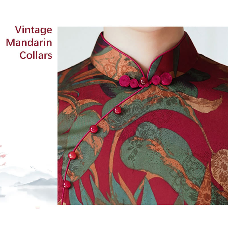 Suknia Qipao z Buddha Stones z jedwabiu w stylu retro z wzorem liści kwiatów i kwiatów, damska sukienka Cheongsam
