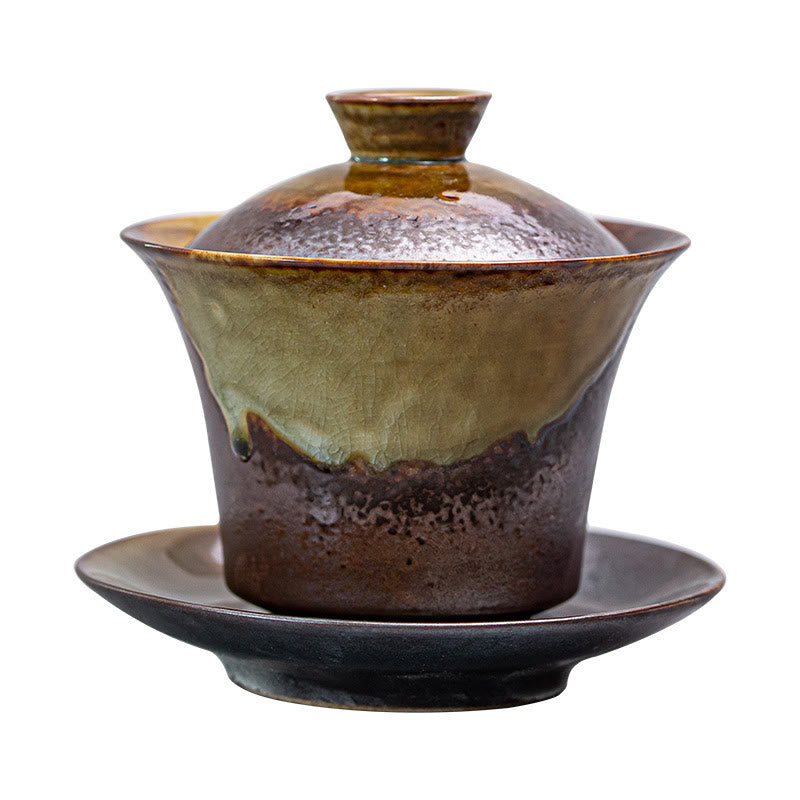 Buddha Stones Vintage Brązowy Piec Zmiana Projektu Porcelana Ceramiczna Gaiwan Sancai Filiżanka Kung Fu Filiżanka I Spodek Z Pokrywką
