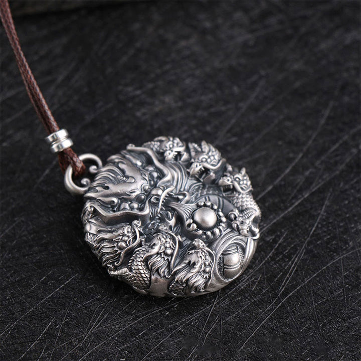 Buddha Stones 999 Srebro Sterling Dziewięć Smoków Bawiących Się Perłą Szczęście Ochrona Naszyjnik Wisiorek