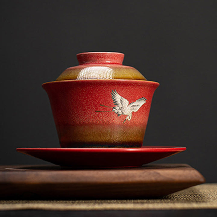 Buddha Stones Czerwony Pomyślny Żuraw Ceramiczny Gaiwan Sancai Filiżanka Kung Fu Filiżanka I Spodek Z Pokrywką