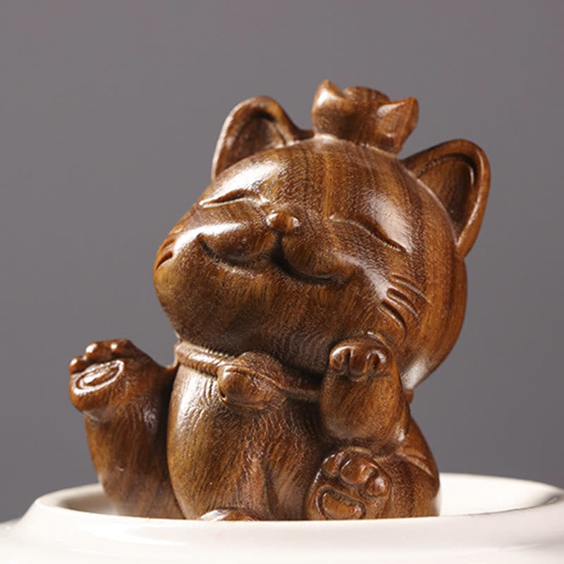 Buddha Stones Miniaturowe Zielone Sztabki Sandałowe Szczęśliwy Kot Rzeźbiony Dekoracja Biurka Pokoju - image 5