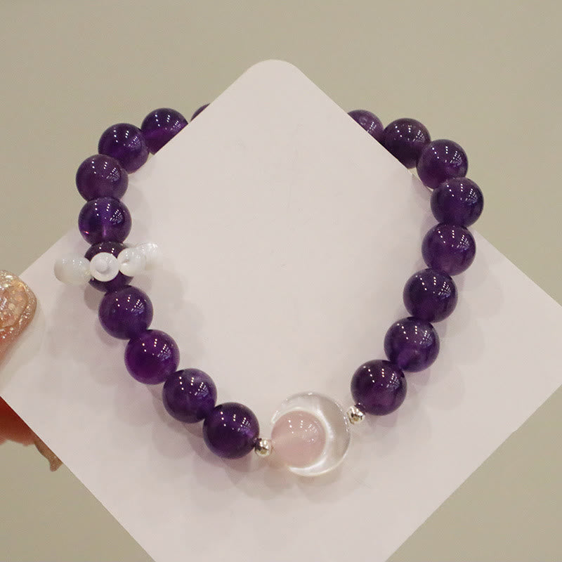 Buddha Stones 925 Srebro Sterling Naturalny Ametyst Akwamaryn Różowy Kryształ Kocie Oko Uzdrawiająca Bransoletka Półksiężyc