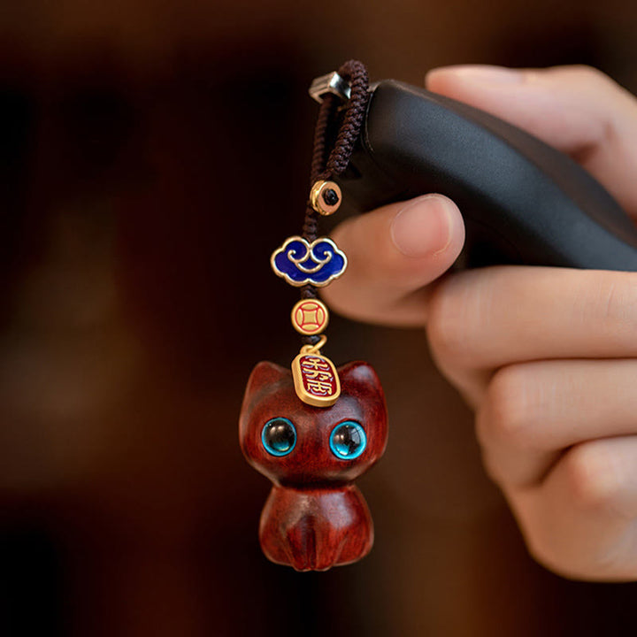 Buddha Stones Mały liść Czerwony sandałowiec Drewno hebanowe Szczęśliwy kot Ochrona Brelok Telefon Wiszący Dekoracja - image 4