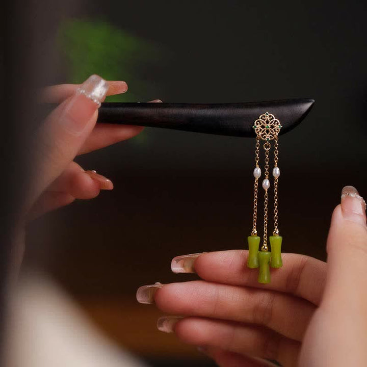 Buddha Stones Naturalny Peridot Drewno Hebanowe Miłość Frędzle Spinka Do Włosów