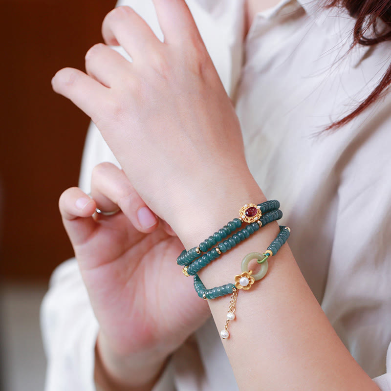 Buddha Stones 925 Srebro próby 925 Pozłacane Cyan Jade Flower Peace Buckle Bransoletka Success Triple Wrap