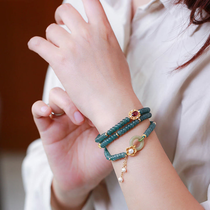 Buddha Stones 925 Srebro próby 925 Pozłacane Cyan Jade Flower Peace Buckle Bransoletka Success Triple Wrap