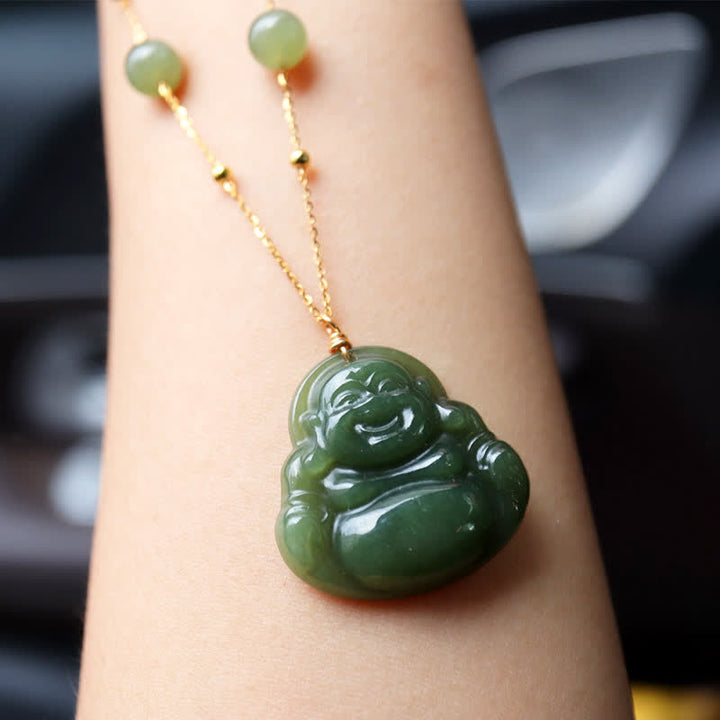 Śmiejący się Budda Hetian Jade Luck Naszyjnik Koralikowy Łańcuch Wisiorek - Jadeit (dobrobyt ♥ obfitość) - image 1