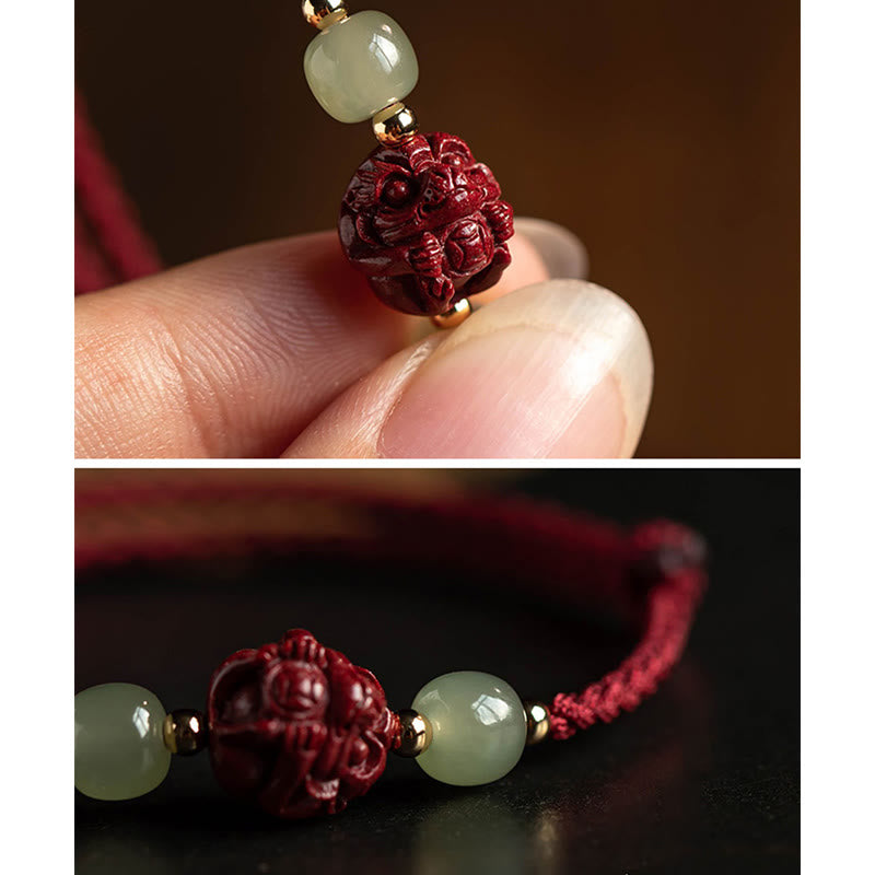 Buddha Stones Naturalny Cynober Chiński Zodiak Hetian Jade Fu Charakter Szczęścia Bransoletka Lina