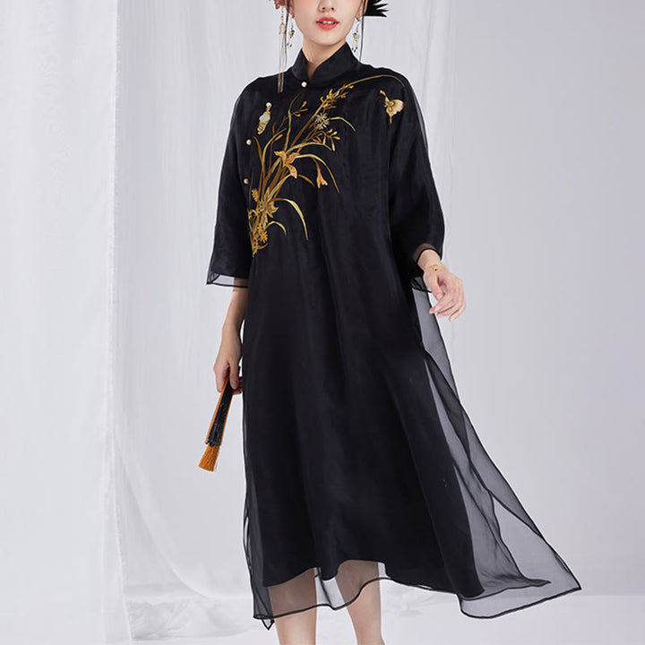 Buddha Stones 100% jedwab morwowy 6 Momme Sukienka Vintage Flower Butterfly Haft Qipao Sukienka damska Cheongsam - Czarny - US8-10, UK/AU12-14, EU40-42 (XL) - image 14