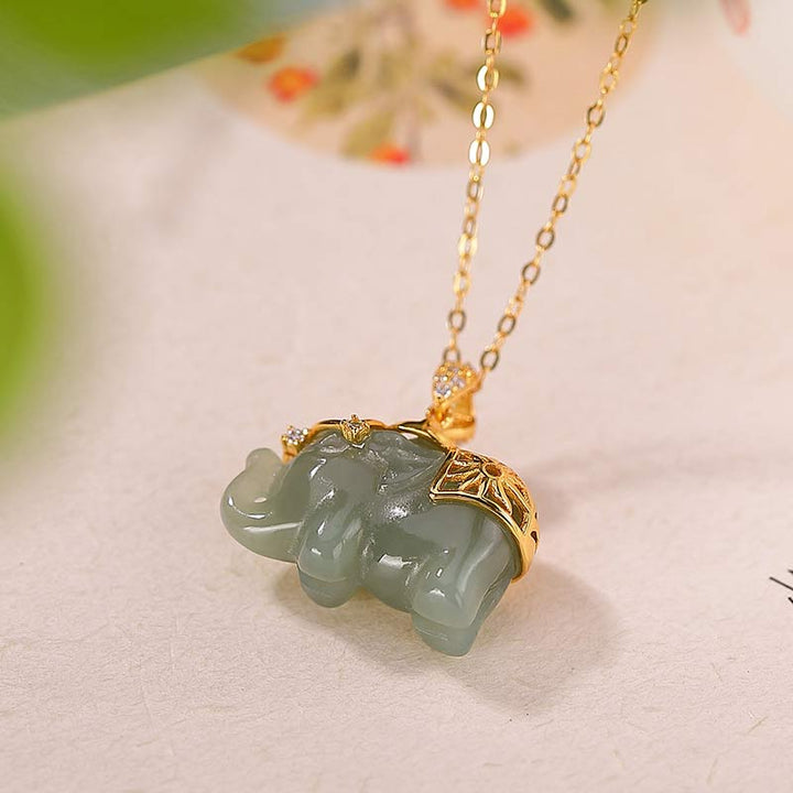 Buddha Stones 925 Srebro Sterlingowe Jade Elephant Blessing Fortune Naszyjnik Łańcuszek Wisiorek