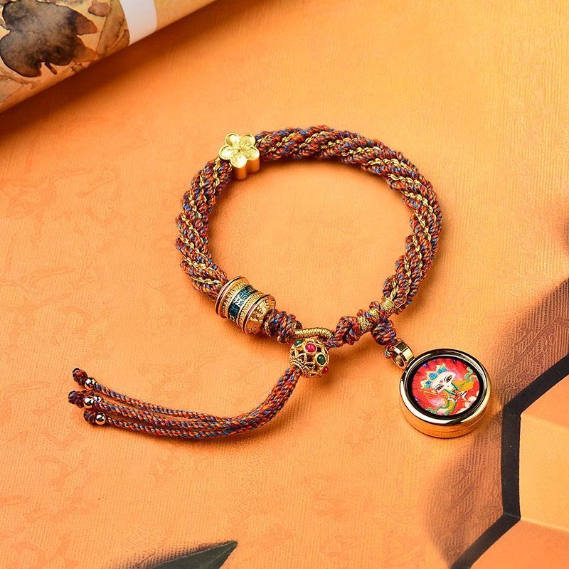 Buddha Stones Tybet Ręcznie Robione Pięć Bogów Bogactwa Szczęścia Thangka Amulet Koło Modlitewne Kwiatowy Urok Bransoletka Z Tkanego Sznurka
