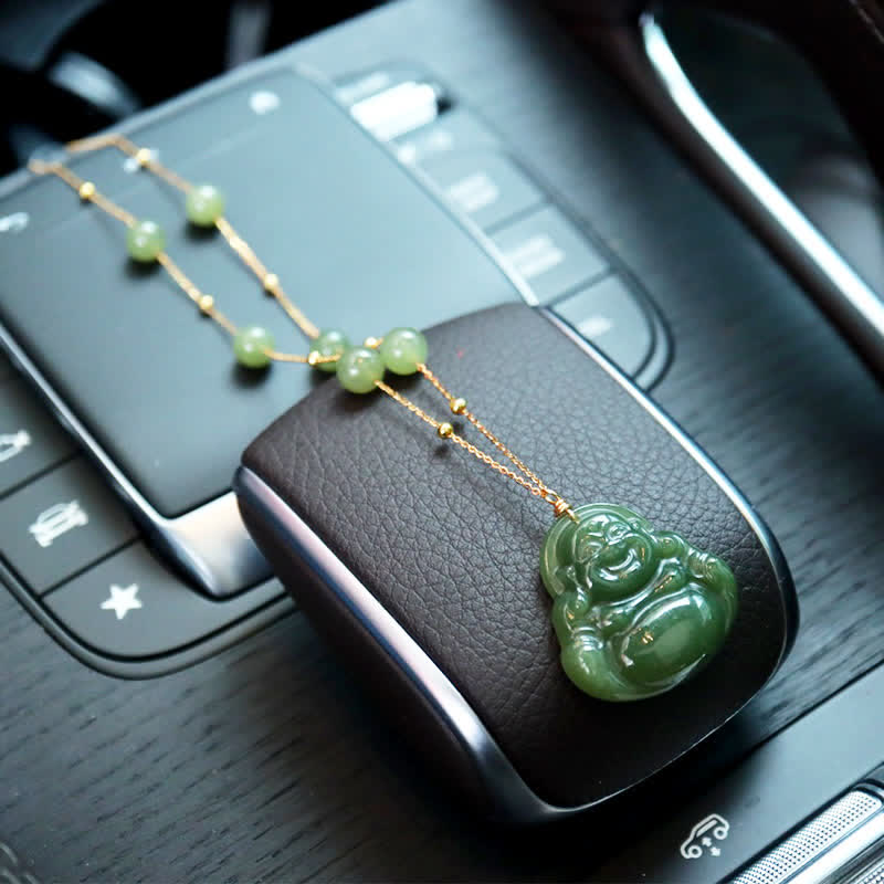 Śmiejący się Budda Hetian Jade Luck Naszyjnik Koralikowy Łańcuch Wisiorek - image 4