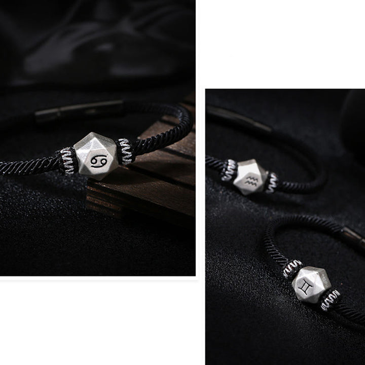 Buddha Stones 999 Srebro Sterling 12 Konstelacji Zodiaku Ochrona Ręcznie Robiona Bransoletka Sznurkowa