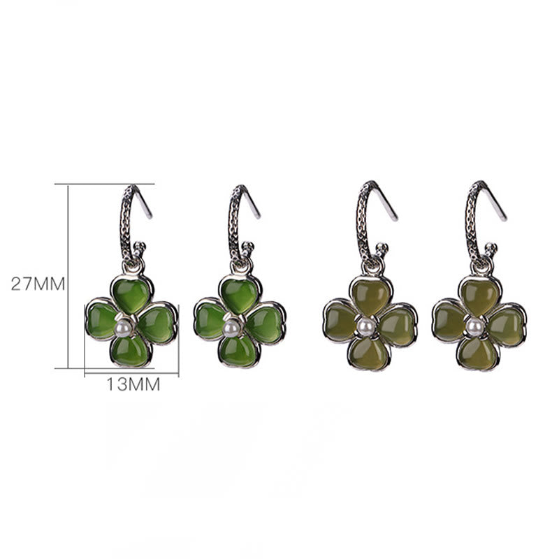 Kolczyki Buddha Stones 925 Sterling Silver Natural Cyan Jade Four Leaf Clover Luck Success