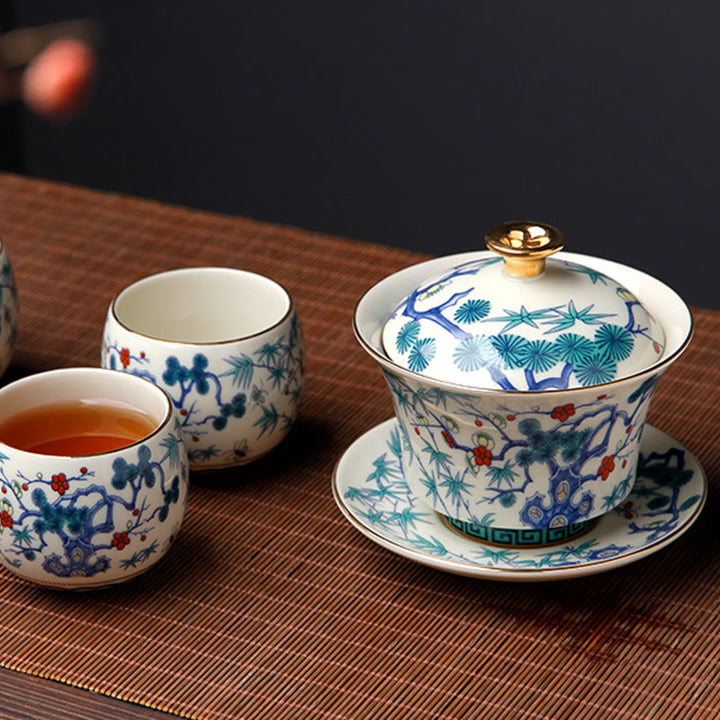 Buddha Stones Retro Śliwkowy Kwiat Sosna Bambus Feniks Kirin Ceramiczny Gaiwan Sancai Filiżanka do herbaty Kung Fu Filiżanka do herbaty i spodek z pokrywką