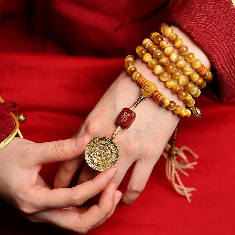 Buddha Stones 108 Mala Koraliki Naturalne Tygrysie Oko Miedź Dorje Ochrona Bransoletka z Chwostem