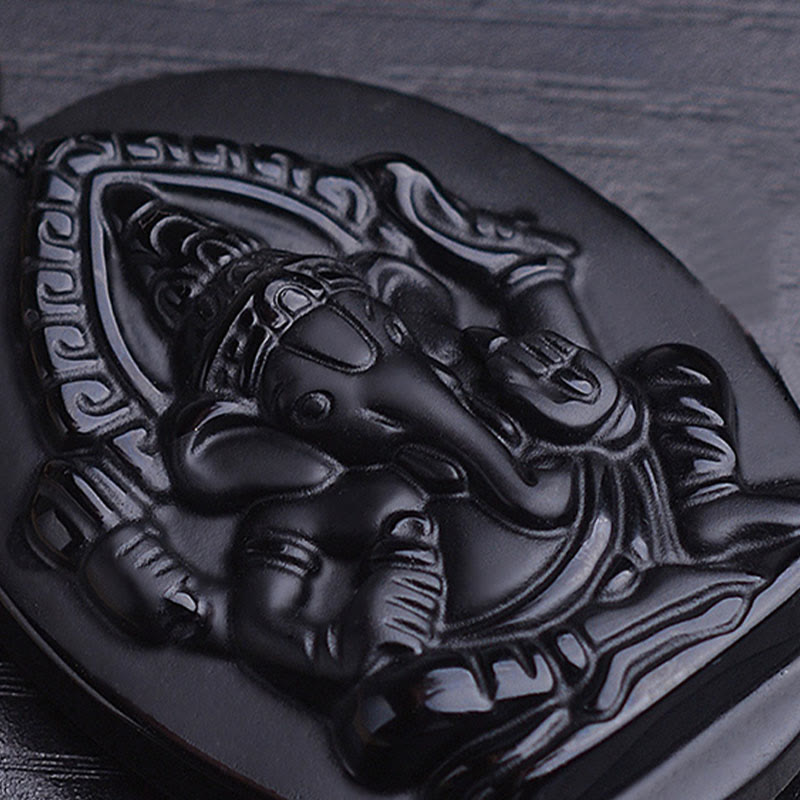 Buddha Stones Tybetański Obsydian Ganesh Ganpati Słoń Bogactwo Amulet Naszyjnik