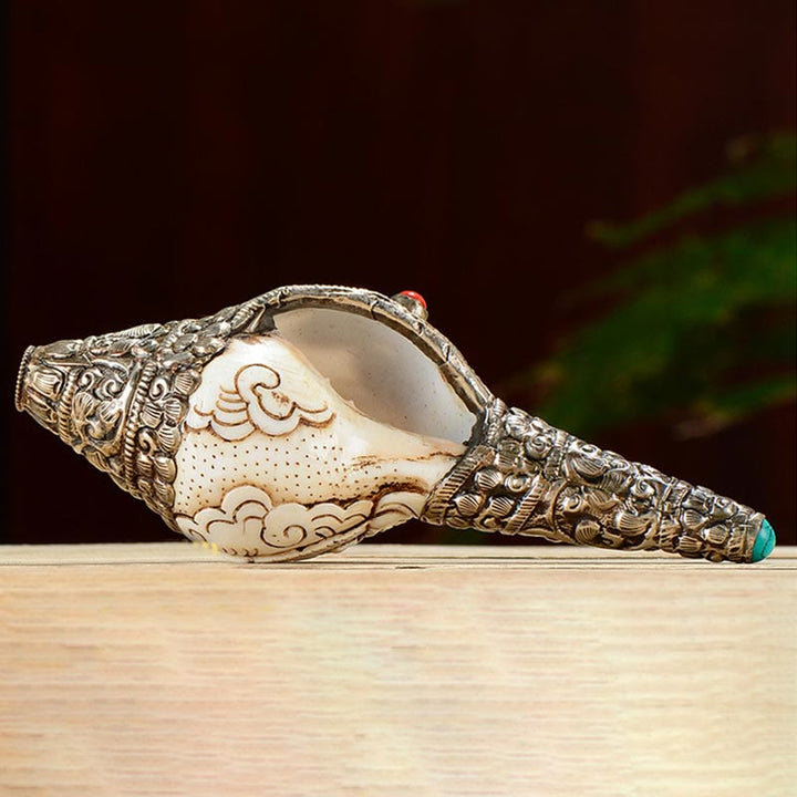 Tybetański ręcznie grawerowany Budda Shankha Muszla Koncha Bogactwo Pozytywna Dekoracja