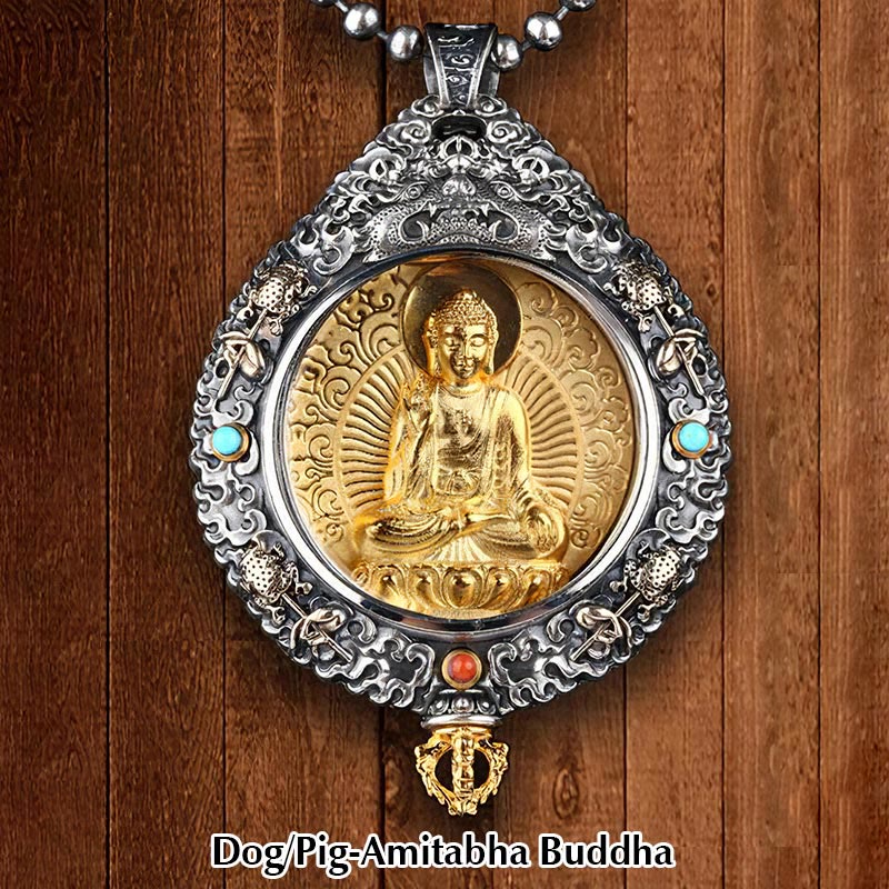 Buddha Stones Chiński Zodiak Natal Budda Thangka Dziewięć Pałaców Osiem Diagramów Bogactwo Obrotowy Naszyjnik Wisiorek - Pies/Świnia-Amitabha Budda - image 11