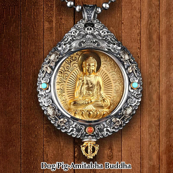 Buddha Stones Chiński Zodiak Natal Budda Thangka Dziewięć Pałaców Osiem Diagramów Bogactwo Obrotowy Naszyjnik Wisiorek - Pies/Świnia-Amitabha Budda - image 11