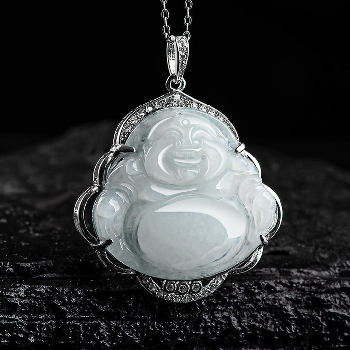 Buddha Stones 925 Srebro Sterlingowe Śmiejący się Budda Naturalny Jadeit Obfitość Naszyjnik Wisiorek - image 5