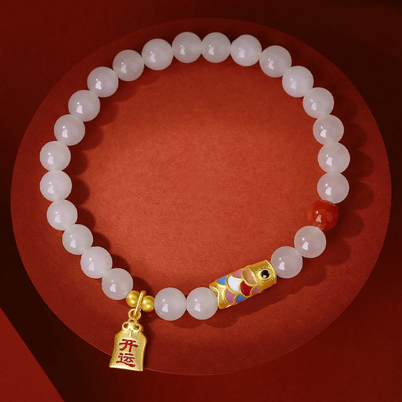 Buddha Stones 925 Srebro Sterlingowe Hetian Biały Jade Czerwony Agat Koi Ryba Szczęście Bransoletka