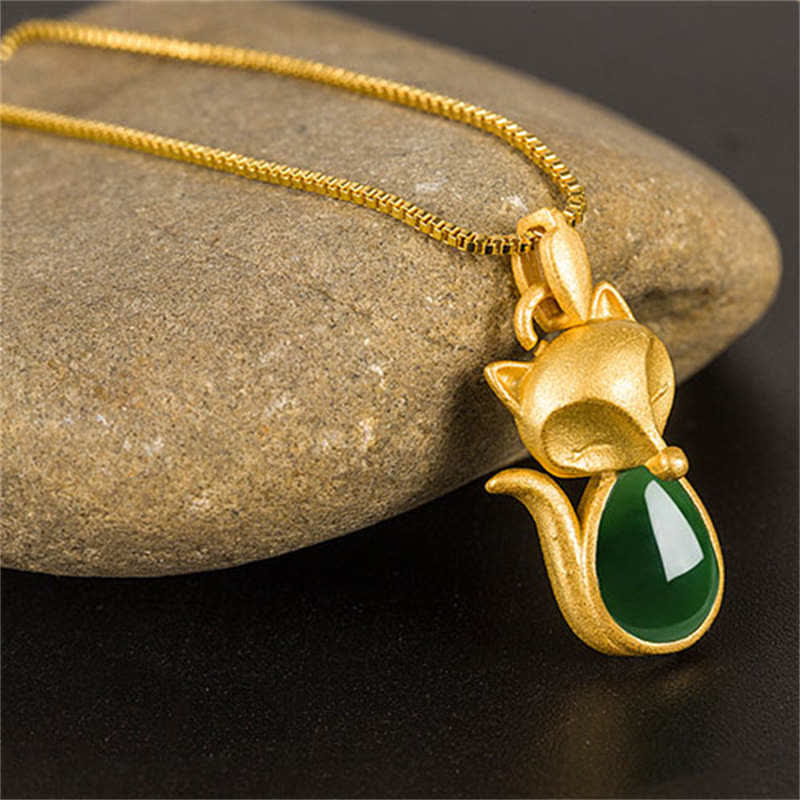 Buddha Stones Zielony Chalcedon Wzór Lisa Naszyjnik Wisiorek Odwaga