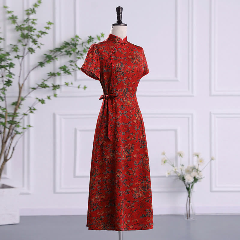 Buddha Stones Vintage Pomyślne Chmury Liście Drukuj Cheongsam Sukienka Damska Qipao - image 1