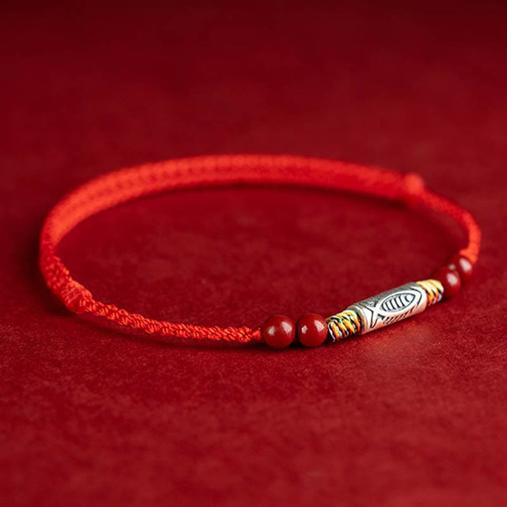 Buddha Stones 925 Srebro Sterling Ryba Koi Koralik Cynober Bogactwo Ręcznie Robiona Bransoletka Pleciona Bransoletka na Nogę