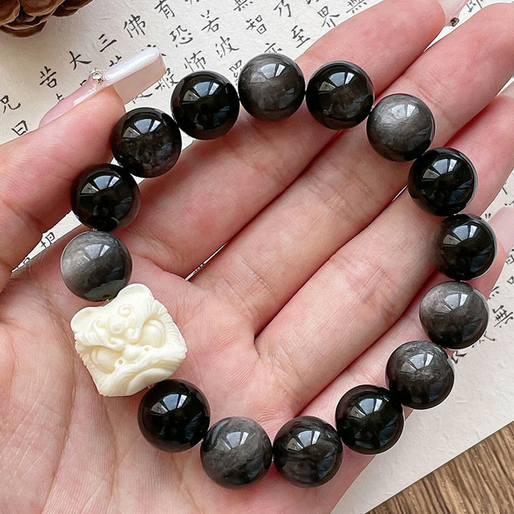 Buddha Stones Srebrny połysk Obsydian Nasiona Bodhi Kość Słoniowa Owoce Tańczący Lew Bransoletka Ochronna