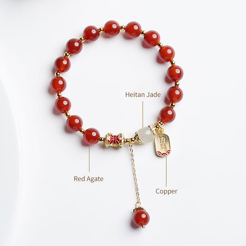 Buddha Stones Naturalny Czerwony Agat Hetian Jade Fu Charakter Pewność Bransoletka Charm