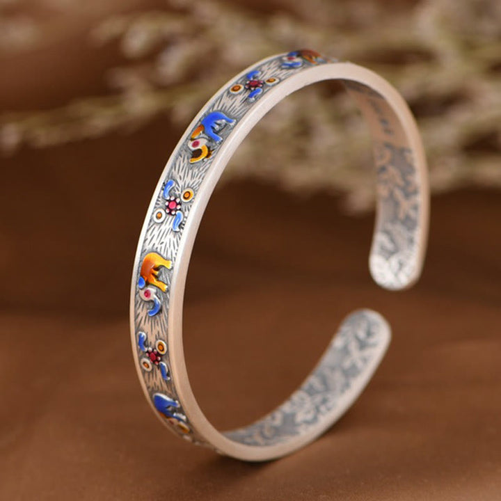 Buddha Stones 999 Srebro Sterlingowe Słoń Siła Mądrość Bransoletka Mankiet Bangle