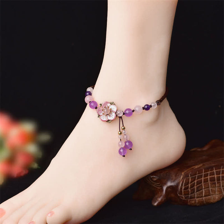 Buddha Stones Naturalny Ametyst Różowy Kryształ Kwarcowy Charm Lucky Healing Anklet
