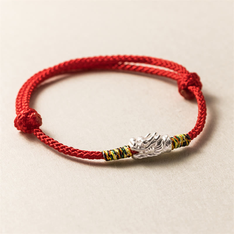 Buddha Stones 925 Srebro Sterling Rok Smoka Szczęście Siła Czerwona Bransoletka z Liny
