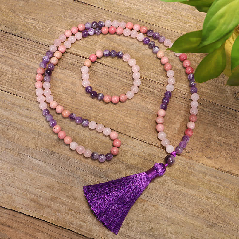 Buddha Stones 108 Mala Beads Ametyst Różowy Kwarc Duchowe Uzdrawiające Bransoletka z Chwostem