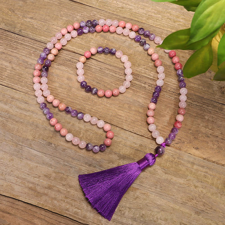 Buddha Stones 108 Mala Beads Ametyst Różowy Kwarc Duchowe Uzdrawiające Bransoletka z Chwostem