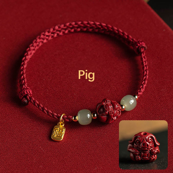 Buddha Stones Naturalny Cynober Chiński Zodiak Hetian Jade Fu Charakter Szczęścia Bransoletka Lina