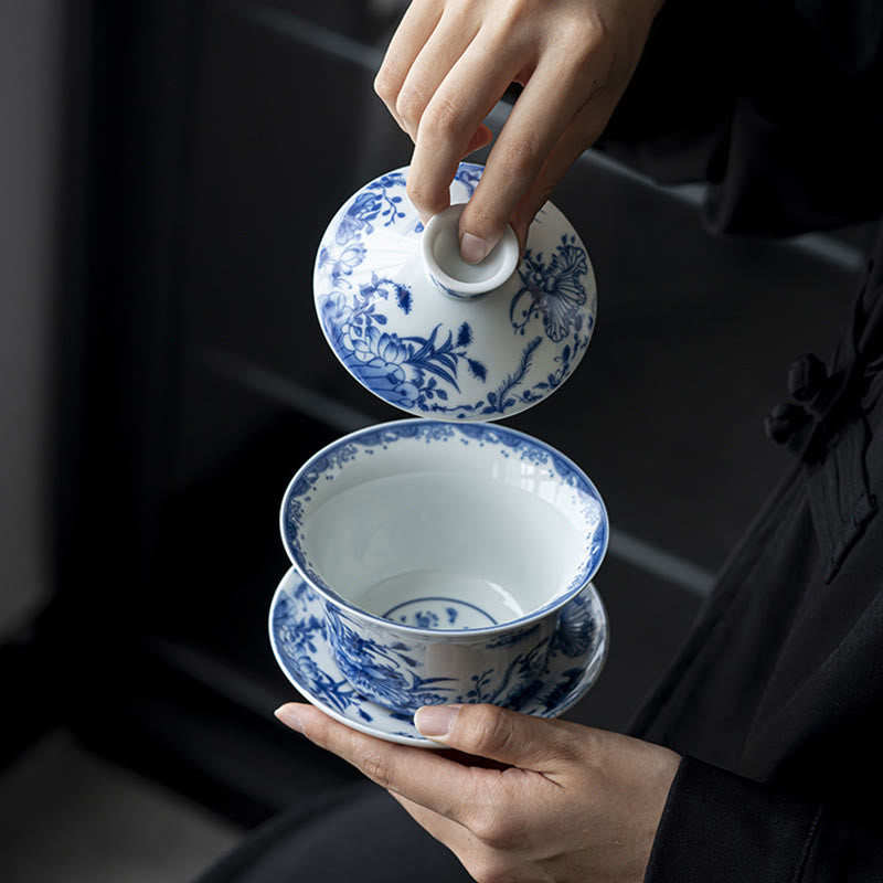 Buddha Stones Niebieskie I Białe Porcelany Lotos Ryba Koi Taniec Lwa Arbuz Ceramiczny Gaiwan Sancai Filiżanka Kung Fu Filiżanka I Spodek Z Pokrywką 300 ml