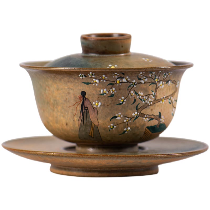 Buddha Stones Jingdezhen Malowana ręcznie porcelana Ru Kiln Hanfu Dziewczyna Kwiat Ceramiczny Gaiwan Sancai Filiżanka Kung Fu Filiżanka I Spodek Z Pokrywką