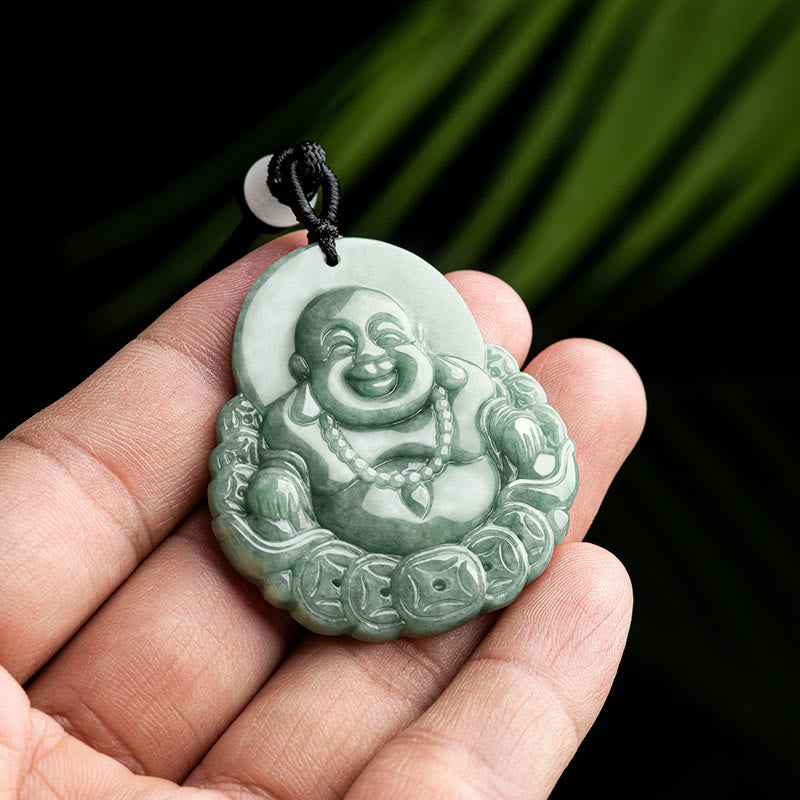 Buddha Stones Śmiejący się Budda Naturalny Jade Miedziana Moneta Obfitość Naszyjnik Wisiorek - image 3
