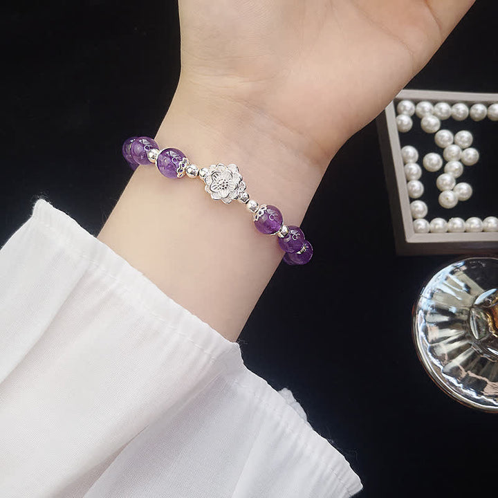 Buddha Stones 925 Srebro Sterling Naturalny Ametyst Lotos Bransoletka Duchowa