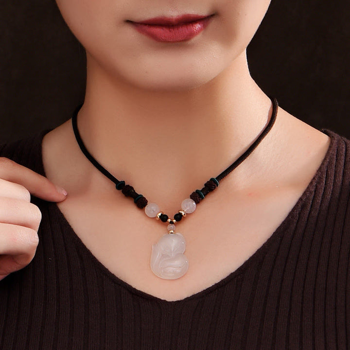 Buddha Stones Chalcedon Lis Różowy Kryształ Koralik Harmonia Naszyjnik Wisiorek
