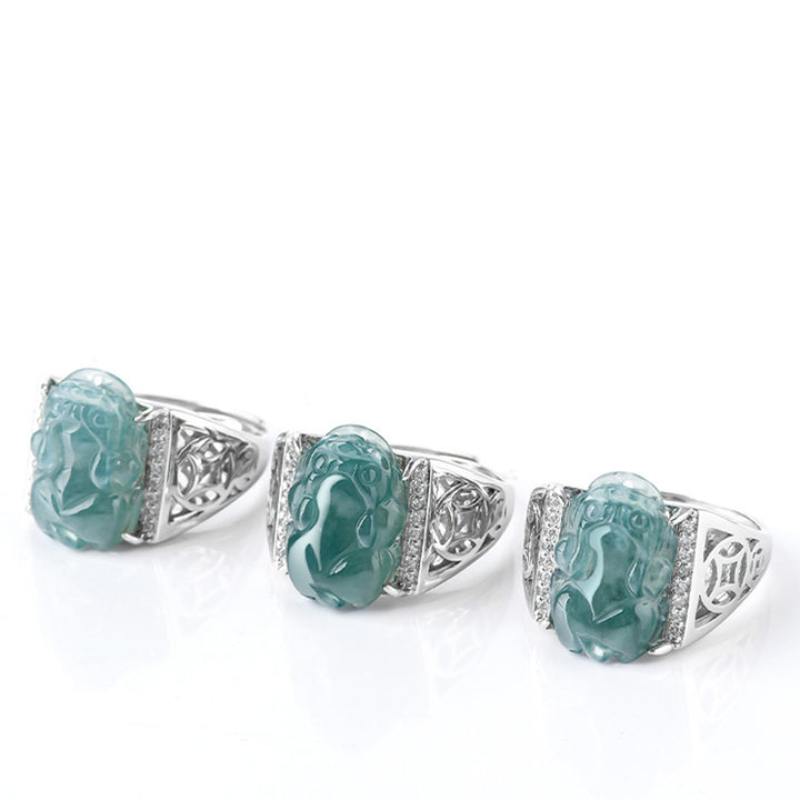 Buddha Stones 925 Srebro Sterlingowe Fengshui Bogactwo Dobrobyt Jadeit PiXiu Pierścień Szczęścia