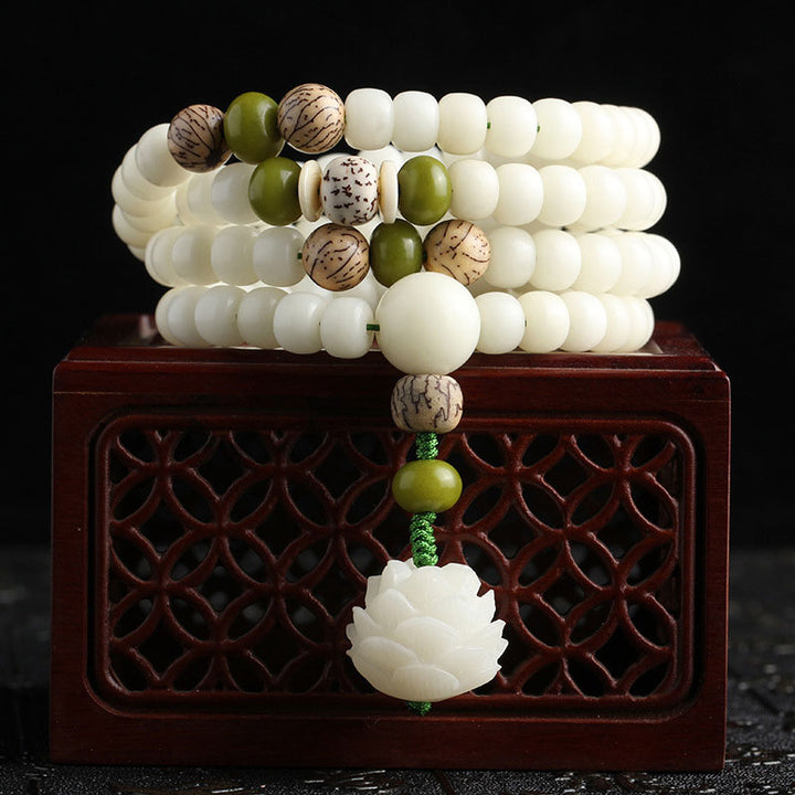 Buddha Stones Biały Jadeit Bodhi Lotus Mala Harmony Naszyjnik Bransoletka