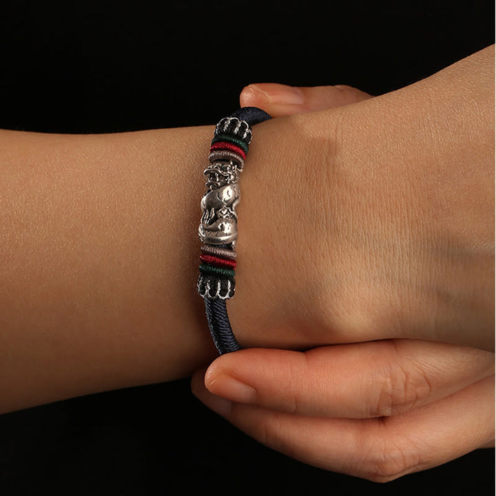 Buddha Stones Ręcznie robione 925 Srebro Sterling Rok Smoka Pomyślny Smok Szczęście Sznur Bransoletka