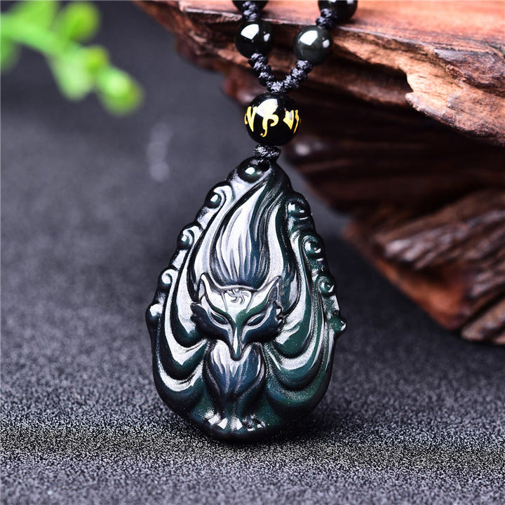Buddha Stones Naturalny Tęczowy Obsydian Dziewięcioogonowy Lis Wewnętrzny Spokój Naszyjnik Koralikowy Wisiorek Sznurkowy