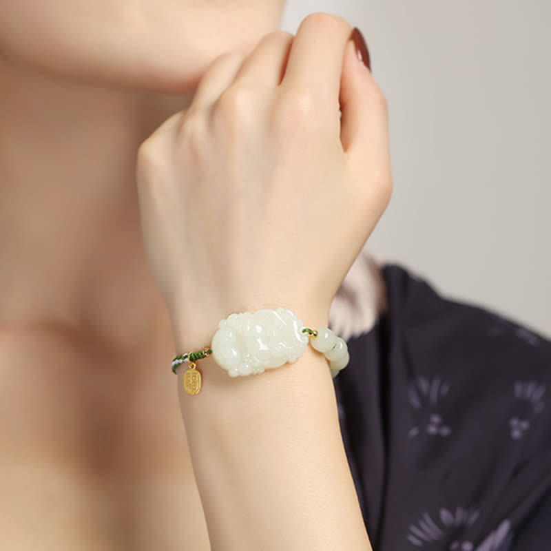 Bransoletka ze srebra próby 925 ze sznurka z chińskim znakiem zodiaku Hetian Jade