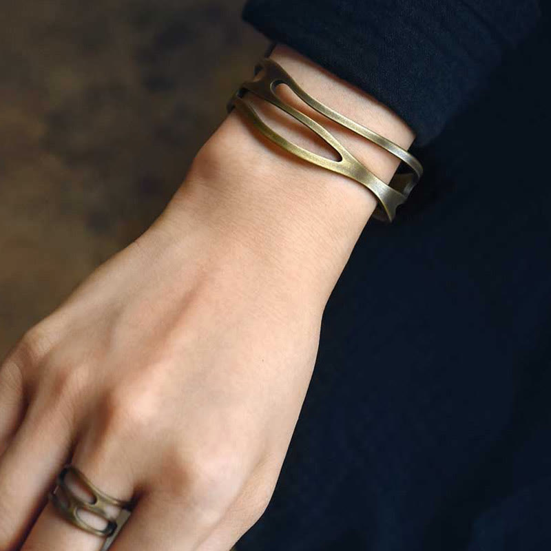 Buddha Stones Vintage Zakrzywiona Miedź Mosiądz Bogactwo Regulowana Bransoletka Mankietowa Bangle