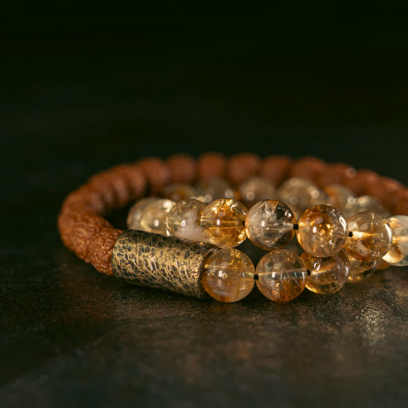 Buddha Stones Naturalny Kryształ Cytrynu Rudraksha Bodhi Nasiona Mosiężne Koraliki Dobrobytu Podwójnie Owijana Bransoletka
