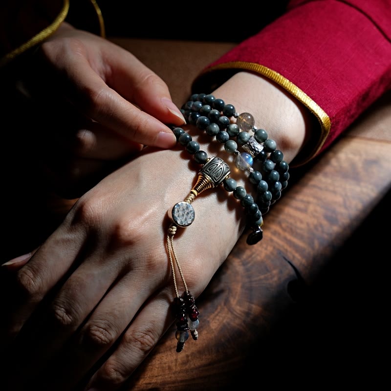 Buddha Stones 925 Srebro Sterling 108 Koraliki Mala Kamień Orle Oko Kamień Księżycowy Pozytywna Bransoletka